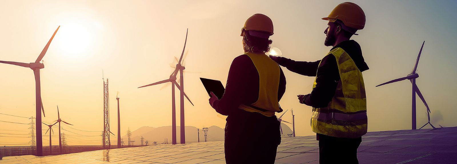 two people with clipboards and hard hats with wind turbines